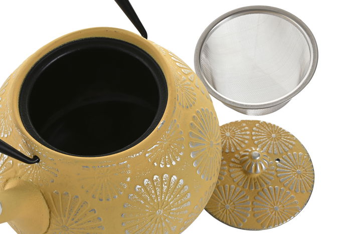 DKD Home Decor Tetera Oriental Hierro Colado Inox Amarillo Turquesa 1.2L (2 Unidades) 16x19x18 cm