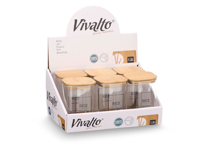 Vivalto Bote Cuadrado de Vidrio Borosilicato 1,2 Litros con Tapa de Bambú - Ideal para Arroz, 10.2 x 15.7 x 10.2 cm (Set de 12)