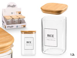 Vivalto Bote Cuadrado de Vidrio Borosilicato 1,2 Litros con Tapa de Bambú - Ideal para Arroz, 10.2 x 15.7 x 10.2 cm (Set de 12)