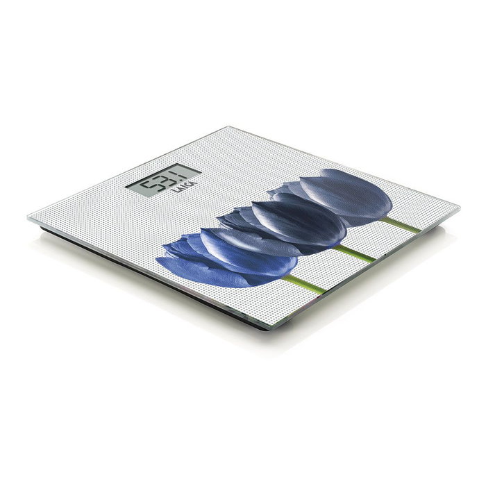 Laica Báscula de Baño Electrónica, Diseño Blanco con Flores Azules, Máximo 180 kg, Pantalla LCD, Vidrio Templado de 6 mm