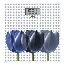 Laica Báscula de Baño Electrónica, Diseño Blanco con Flores Azules, Máximo 180 kg, Pantalla LCD, Vidrio Templado de 6 mm