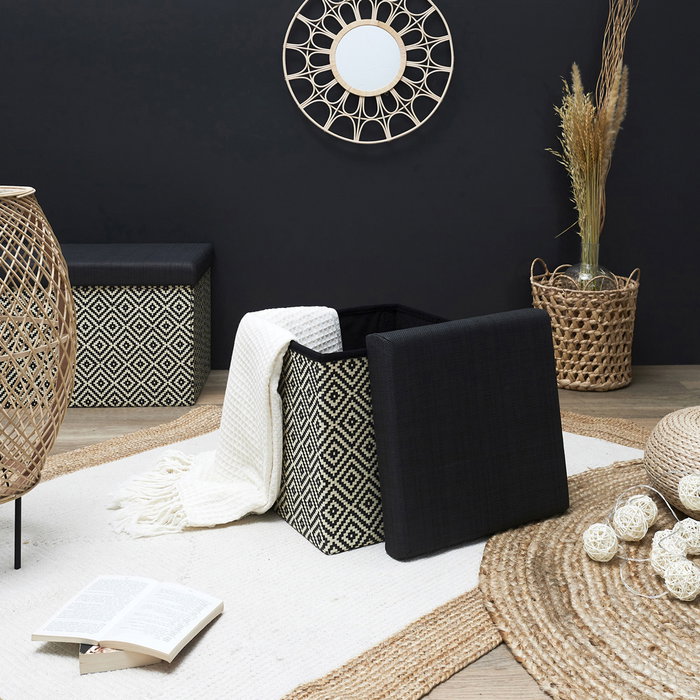 Home Deco Factory Mirage Caja-Puf Plegable Trenzado Negro con Tapa 38x38 cm