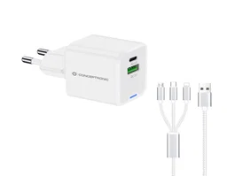 Conceptronic ALTHEA16W Cargador de Pared 33W con 2 Puertos (1 USB-C + 1 USB-A), Carga Rápida PD3.0 QC3.0, 1.5m Cable USB, Blanco - Universal 100-240V