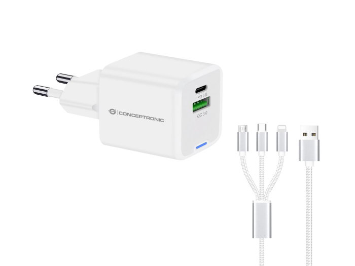 Conceptronic ALTHEA16W Cargador GaN de 33W con 2 Puertos y Cable 3 en 1, Blanco Conceptronic ALTHEA16W Cargador GaN de 33W con 2 Puertos y Cable 3 en 1, Blanco