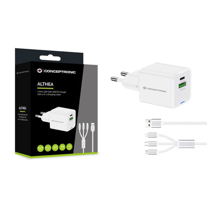 Conceptronic Althea16W Adaptador de corriente 33 W, 2 puertos USB, Cargador de pared blanco, Compatibilidad Universal