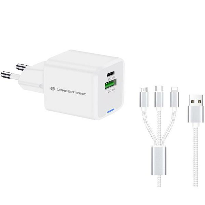 Conceptronic ALTHEA16W Cargador GaN de 33W con 2 Puertos y Cable 3 en 1, Blanco Conceptronic ALTHEA16W Cargador GaN de 33W con 2 Puertos y Cable 3 en 1, Blanco