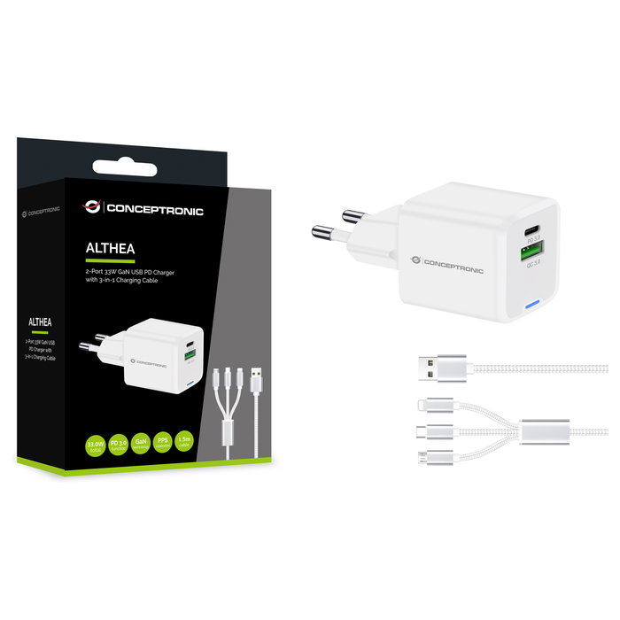 Conceptronic ALTHEA16W Cargador GaN de 33W con 2 Puertos y Cable 3 en 1, Blanco Conceptronic ALTHEA16W Cargador GaN de 33W con 2 Puertos y Cable 3 en 1, Blanco