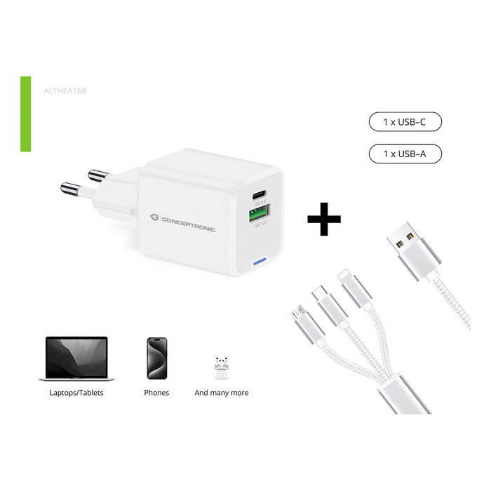 Conceptronic ALTHEA16W Cargador GaN de 33W con 2 Puertos y Cable 3 en 1, Blanco Conceptronic ALTHEA16W Cargador GaN de 33W con 2 Puertos y Cable 3 en 1, Blanco