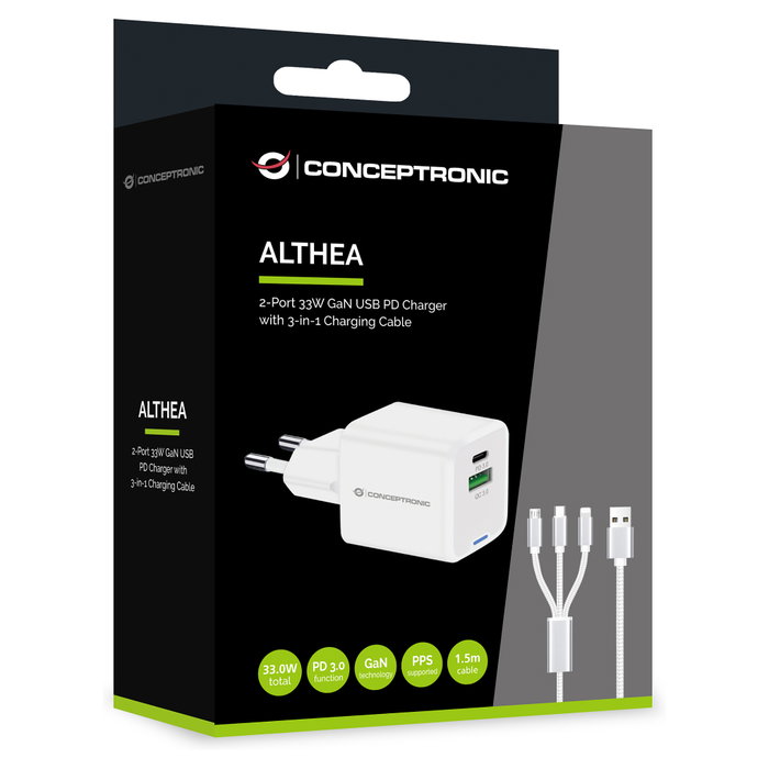 Conceptronic ALTHEA16W Cargador GaN de 33W con 2 Puertos y Cable 3 en 1, Blanco Conceptronic ALTHEA16W Cargador GaN de 33W con 2 Puertos y Cable 3 en 1, Blanco