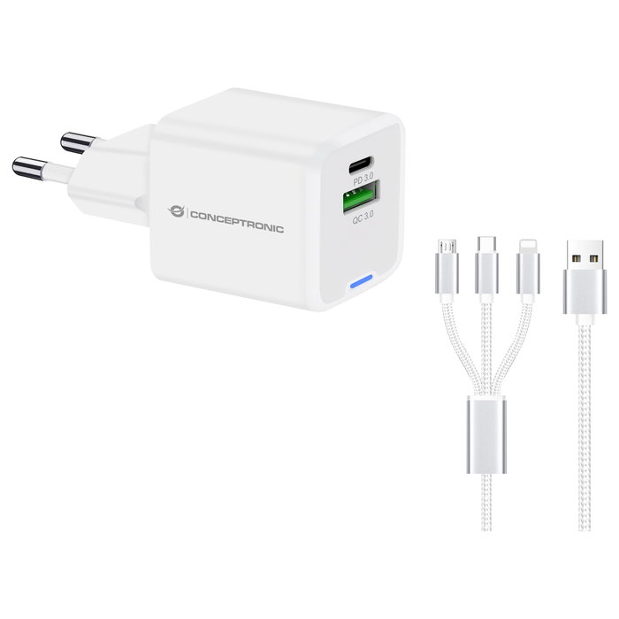 Conceptronic ALTHEA16W Cargador GaN de 33W con 2 Puertos y Cable 3 en 1, Blanco Conceptronic ALTHEA16W Cargador GaN de 33W con 2 Puertos y Cable 3 en 1, Blanco