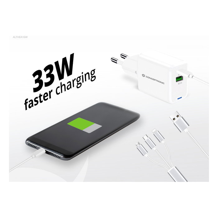 Conceptronic ALTHEA16W Cargador GaN de 33W con 2 Puertos y Cable 3 en 1, Blanco Conceptronic ALTHEA16W Cargador GaN de 33W con 2 Puertos y Cable 3 en 1, Blanco