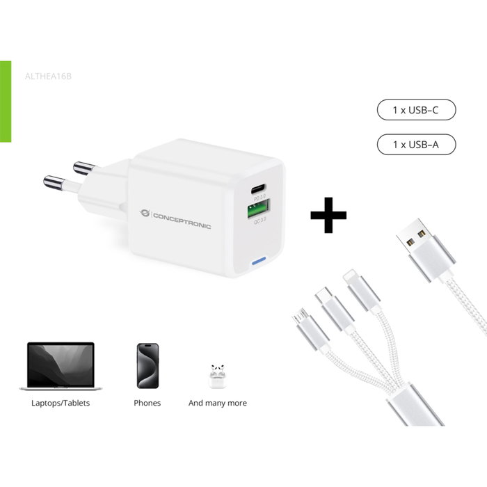 Conceptronic ALTHEA16W Cargador de pared 33W con tecnología GaN, 1x USB-C y 1x USB-A, Blanco Conceptronic ALTHEA16W Cargador de pared 33W con tecnología GaN, 1x USB-C y 1x USB-A, Blanco