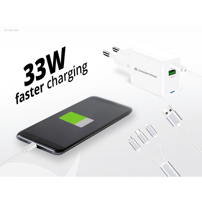 Conceptronic ALTHEA16W Cargador de pared 33W con tecnología GaN, 1x USB-C y 1x USB-A, Blanco Conceptronic ALTHEA16W Cargador de pared 33W con tecnología GaN, 1x USB-C y 1x USB-A, Blanco