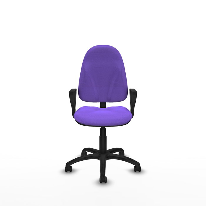 Silla de oficina Algarra con mecanismo Contacto permanente básico tapizada con Tela color Lila. Equipada con Base poliamida negra, Brazos fijos y Ruedas autofrenantes