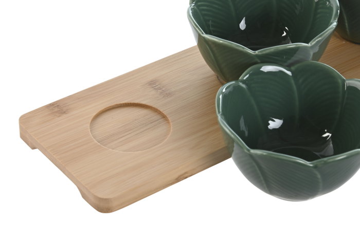 DKD Home Decor Set de 4 Aperitivos Green Leafs 24 en Porcelana y Bambú, Verde, 32x10x7 cm DKD Home Decor Set de 4 Aperitivos Green Leafs 24 en Porcelana y Bambú, Verde, 32x10x7 cm
