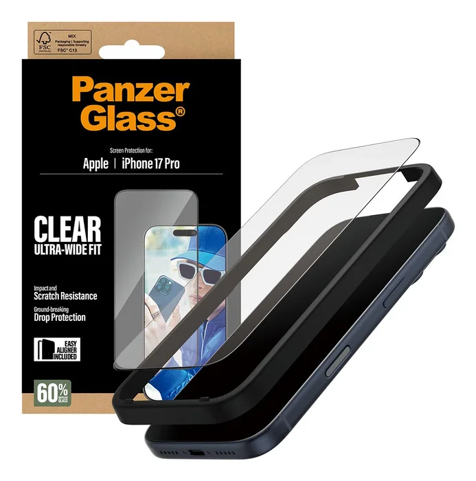 PanzerGlass Protector de Pantalla iPhone 17 Pro - Vidrio Templado Ultra-Wide Fit con EasyAligner, Resistente a Golpes y Rayones, Aplicación en Seco, 1 Unidad