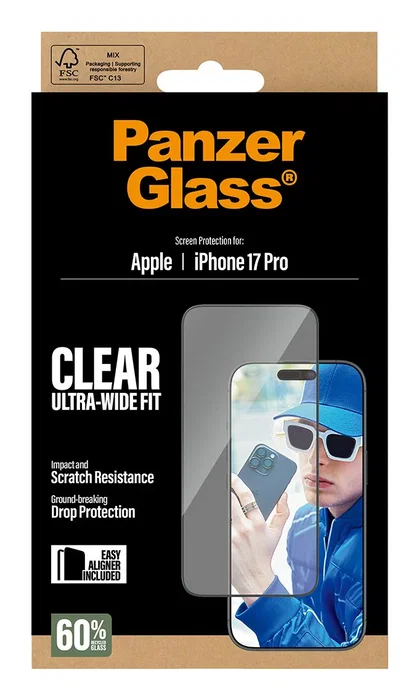 PanzerGlass Protector de Pantalla iPhone 17 Pro - Vidrio Templado Ultra-Wide Fit con EasyAligner, Resistente a Golpes y Rayones, Aplicación en Seco, 1 Unidad