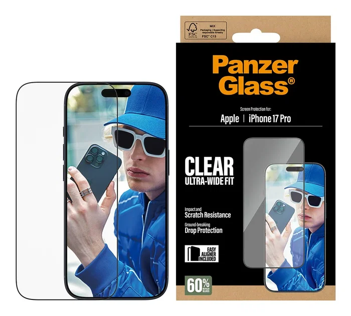 PanzerGlass Protector de Pantalla iPhone 17 Pro - Vidrio Templado Ultra-Wide Fit con EasyAligner, Resistente a Golpes y Rayones, Aplicación en Seco, 1 Unidad