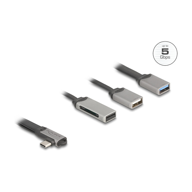 DeLOCK 64303 - Hub USB 3.2 Gen 1 Tipo C con Lector de Tarjetas SD/MicroSD, 2 Puertos USB 3.1/2.0, 5 Gbit/s, Gris Metal, Plug & Play