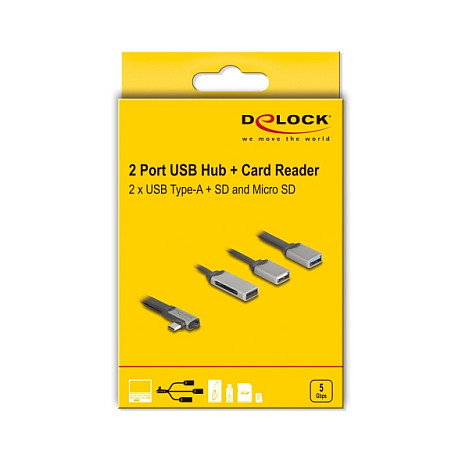 DeLOCK 64303 - Hub USB 3.2 Gen 1 Tipo C con Lector de Tarjetas SD/MicroSD, 2 Puertos USB 3.1/2.0, 5 Gbit/s, Gris Metal, Plug & Play