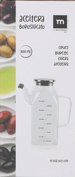 La Mediterranea Aceitera Cuadrada de Borosilicato con Tapa Metálica 1000 ml (Pack de 6)