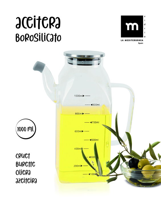 La Mediterranea Aceitera Cuadrada de Borosilicato con Tapa Metálica 1000 ml (Pack de 6) La Mediterranea Aceitera Cuadrada de Borosilicato con Tapa Metálica 1000 ml (Pack de 6)