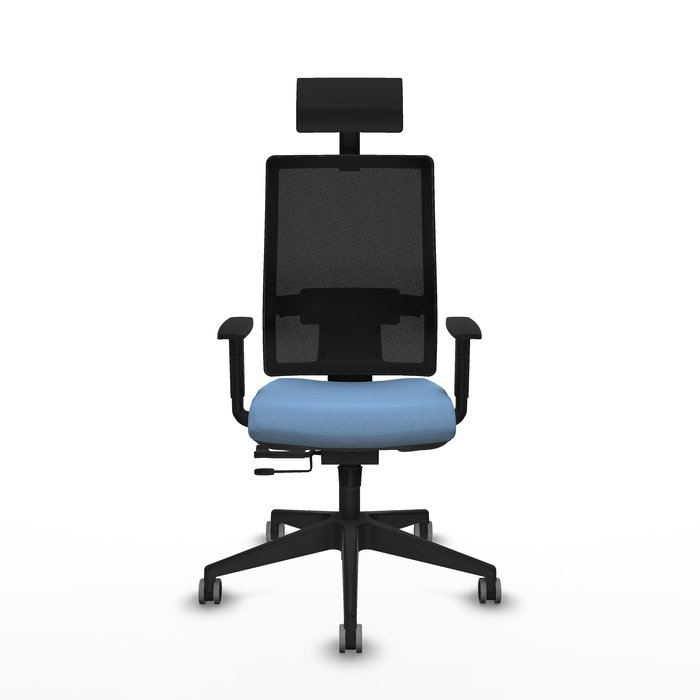 Silla de oficina Horna con mecanismo Sincro/Traslack tapizada con Tela color Azul cielo y malla color Negro. Equipada con lumbar 1D, Brazos 1D, Cabecero Fijo y Ruedas 65 mm parqué