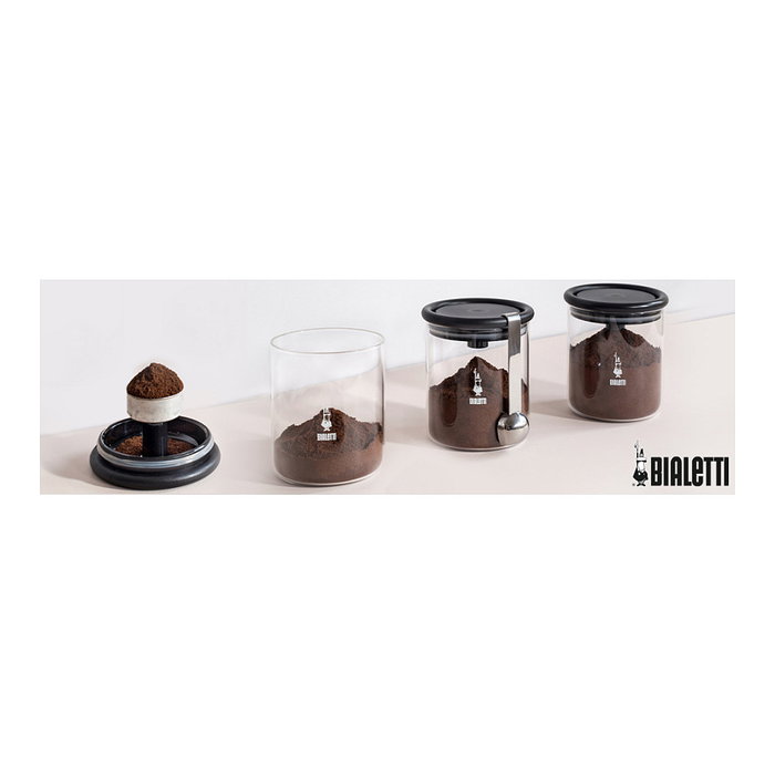 Bialetti Frasco para Café de Vidrio Aromas - Capacidad 250g - Tapa con Base para Posar - Incluye Cuchara Dosificadora - Negro