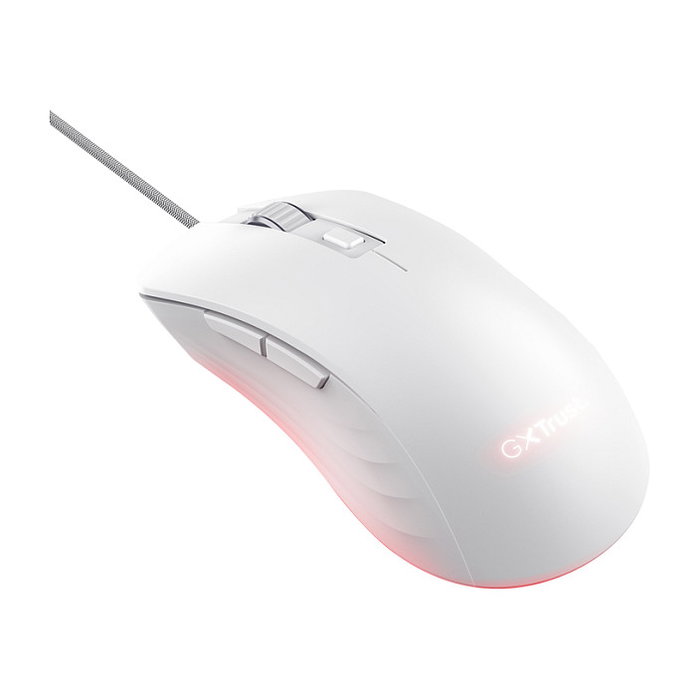 Trust GXT924W YBAR+ Ratón Gaming Óptico 25600 DPI Blanco, Para Mano Derecha, 6 Botones Programables, Iluminación RGB, Cable USB 1.8 m, Compatible PC/Mac/ChromeOS