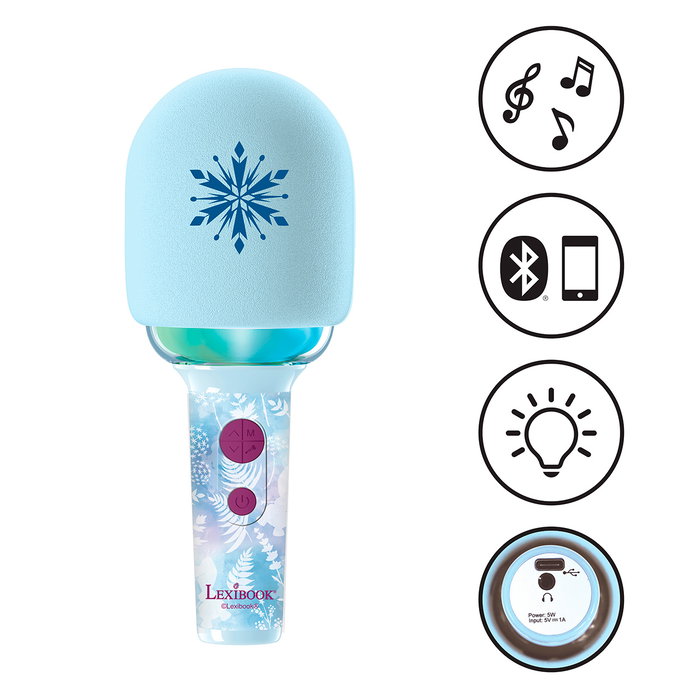LEXIBOOK Micrófono Inalámbrico Karaoke Frozen Disney Mic280Fz con Bluetooth, Altavoz y Luces LED para Niños +3 Años