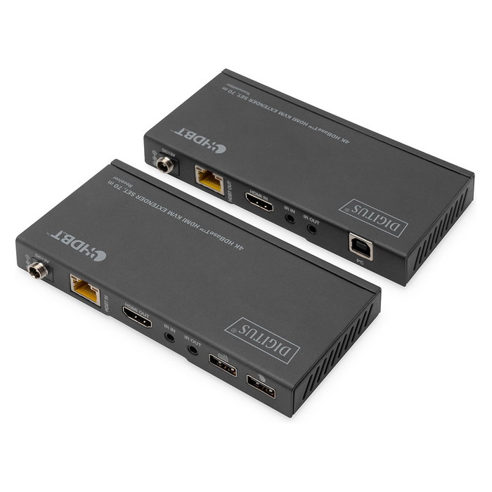 Digitus 4K HDBaseT 1x4 HDMI KVM Extender Set, Transmisor y Receptor Alámbrico, Soporta Cat6, Cat6a, Cat7, Cat8 hasta 70m