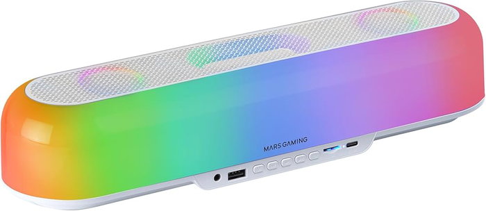Mars Gaming MSBORBW Barra de sonido Bluetooth portátil 20W, iluminación RGB 360° Orbilight, batería recargable, color Blanco