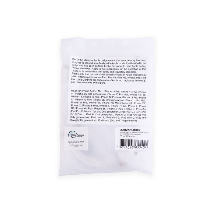 eSTUFF Cable USB-C a Lightning INFINITE Super Soft 2 m Blanco - Plástico 100% reciclado, Certificación MFi, Aislante de kevlar