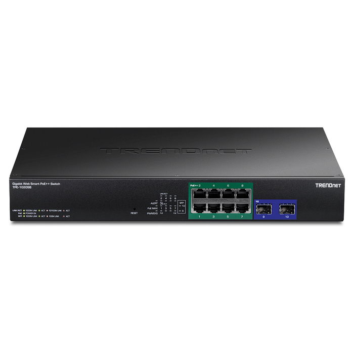 TRENDnet TPE-1020SB Switch Web Smart Gigabit de 8 Puertos con 2 SFP y PoE++ de 180W, 10 Puertos Total, Montaje en Rack 1U, No Administrado con VLAN, QoS y Jumbo Frames