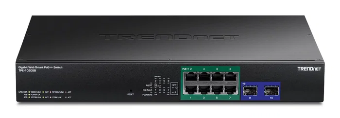 TRENDnet TPE-1020SB Switch No Administrado Gigabit PoE de 8 Puertos + 2 SFP, 20Gbps, Montaje Rack 1U