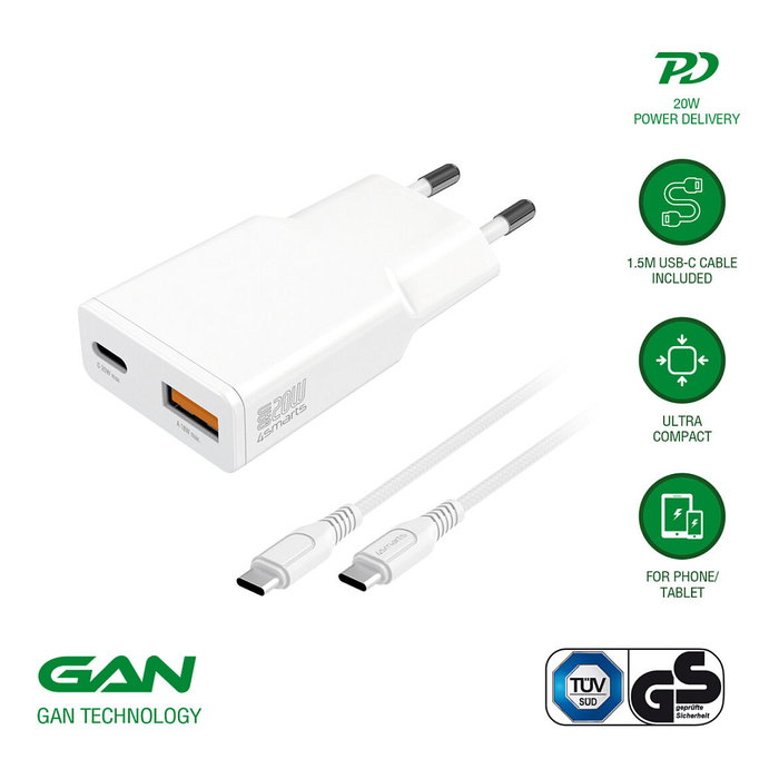 4smarts PDPlug Duos Slim GaN 20W Cargador de Pared USB-C/A + USB-C con Cable 1.5m Blanco, QC 3.0, USB Power Delivery 3.0, Adaptive Fast Charging, SuperCharge 4smarts PDPlug Duos Slim GaN 20W Cargador de Pared USB-C/A + USB-C con Cable 1.5m Blanco, QC 3.0, USB Power Delivery 3.0, Adaptive Fast Charging, SuperCharge