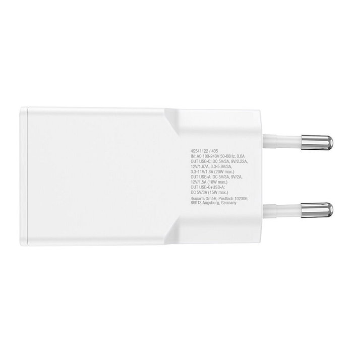 4smarts PDPlug Duos Slim GaN 20W Cargador de Pared USB-C/A + USB-C con Cable 1.5m Blanco, QC 3.0, USB Power Delivery 3.0, Adaptive Fast Charging, SuperCharge 4smarts PDPlug Duos Slim GaN 20W Cargador de Pared USB-C/A + USB-C con Cable 1.5m Blanco, QC 3.0, USB Power Delivery 3.0, Adaptive Fast Charging, SuperCharge