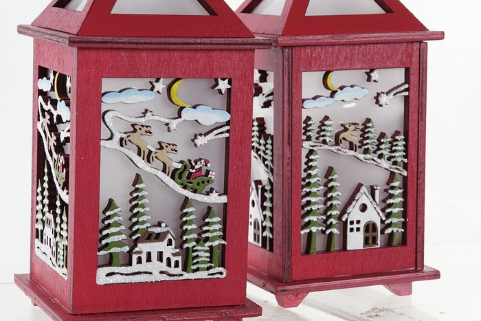 DKD Home Decor Farola Navideña Tradicional LED Madera Rojo y Blanco, Diseño Casa Árbol Reno, 18 cm - Pack de 2 con Pilas AAA