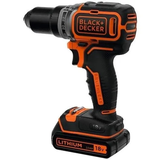 Black + Decker Taladro Inalámbrico Sin Escobillas de 18 V Litio BL186K1B2-QW con 2 Baterías 2 Ah y Cargador