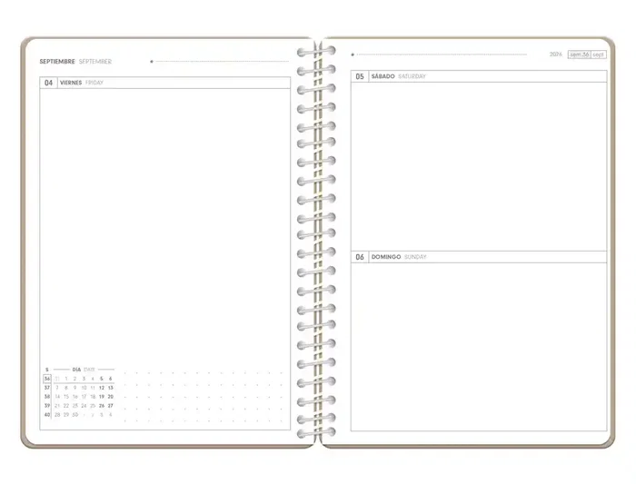 Antartik Agenda Escolar Espiral Essentials 26-27, Día Página A5+, Papel FSC 80g, Interior Bilingüe, Color Beis