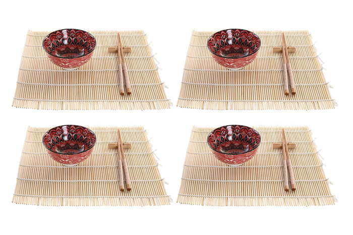 DKD Home Decor Sushi Set 16 Piezas Mandala Fucsia en Bambú y Gres