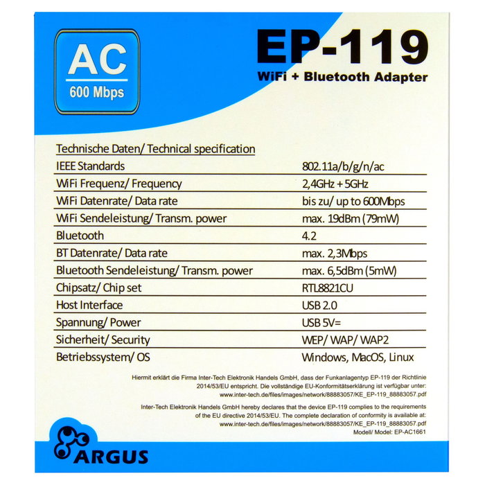Inter-Tech Argus EP-119 Adaptador Wi-Fi 5 y Bluetooth 4.2 USB Inter-Tech Argus EP-119 Adaptador Wi-Fi 5 y Bluetooth 4.2 USB