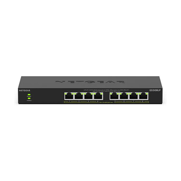 NETGEAR GS308LP Switch Gigabit Ethernet No Administrado 8 Puertos PoE+ (60W) Conmutación 16 Gbit/s para Desktop y Montaje en Pared, Negro