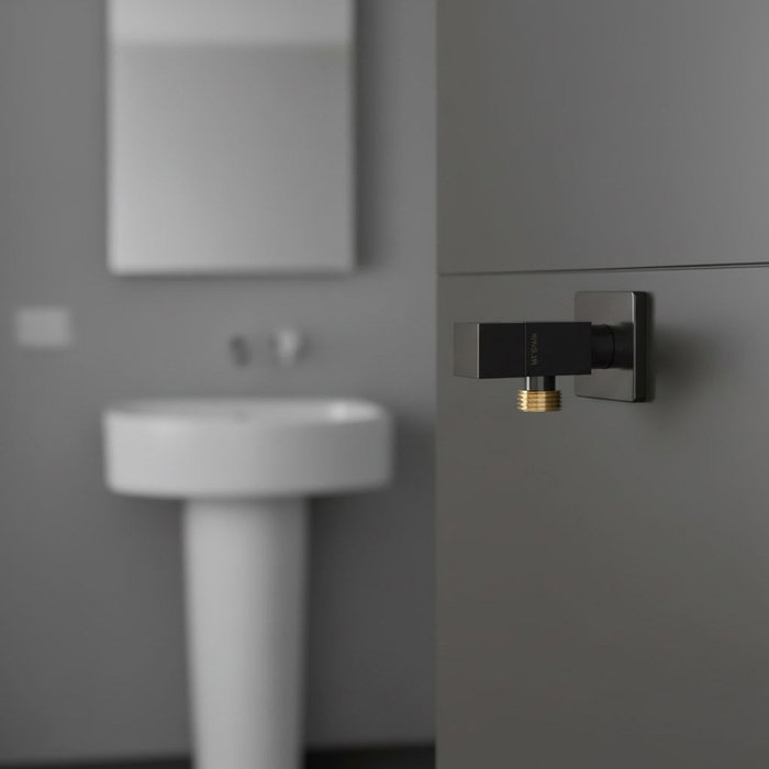 MT Válvula Escuadra Modelo Deco con Cierre Cerámico, Mando Redondo Antical, Negro, Roscas ½ x 3/8 Pulg MT Válvula Escuadra Modelo Deco con Cierre Cerámico, Mando Redondo Antical, Negro, Roscas ½ x 3/8 Pulg