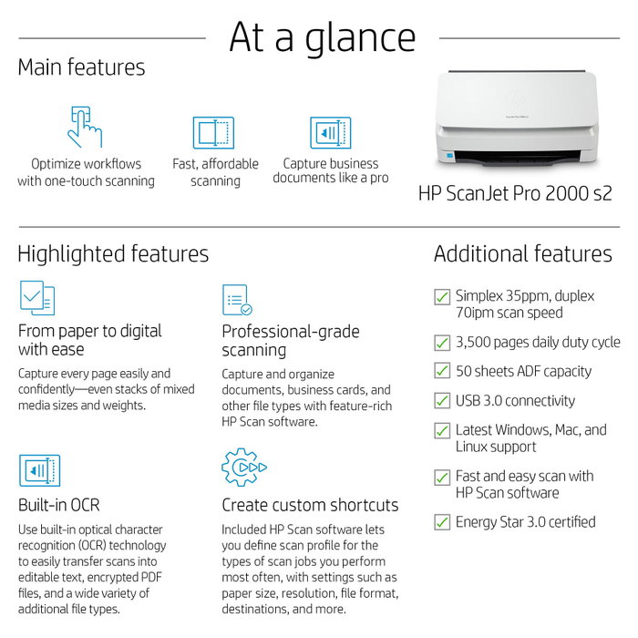 HP ScanJet Pro 2000 s2 Escáner de documentos con ADF de 50 hojas
