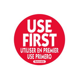 NCCO - RUF2R - Rollo de 500 etiquetas trilingüe "USE FIRST" - 5 x 5 cm - Blanco y rojo - Venta 1 unidad.