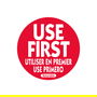 NCCO - RUF2R - Rollo de 500 etiquetas trilingüe "USE FIRST" - 5 x 5 cm - Blanco y rojo - Venta 1 unidad.