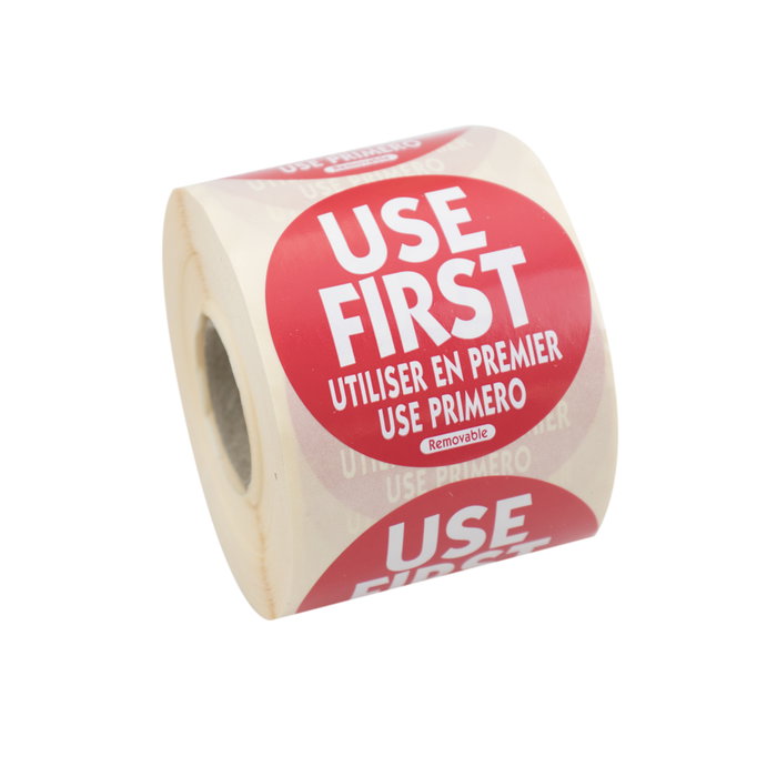 NCCO Rollo de 500 etiquetas trilingüe USE FIRST 5 x 5 cm Blanco y rojo