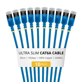 StarTech 6ASTP34BLS30CM10PK Paquete de 10 Cables Ethernet Cat6a Ultrafinos, 0.3m, Azul