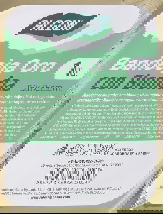 Algon Bandeja Rectangular Dorada con Blonda 26 cm x 35 cm (30 Unidades)